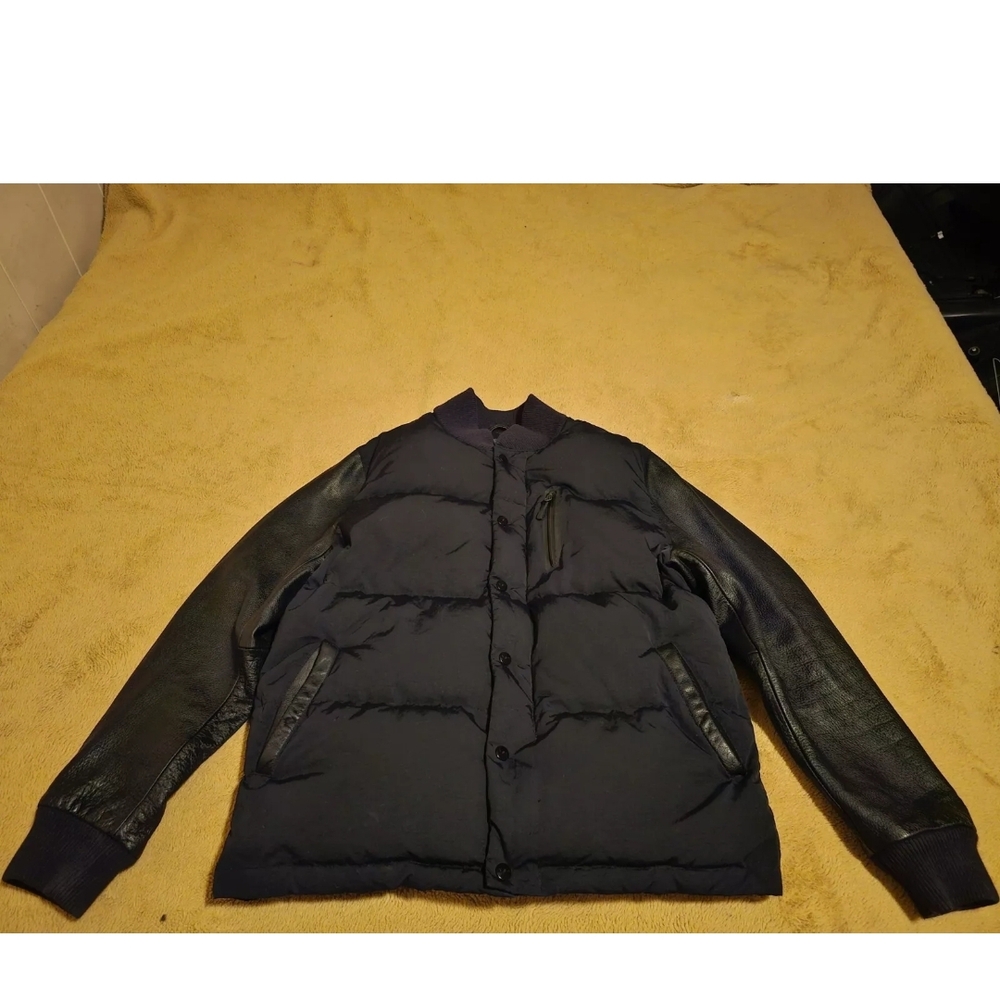Men's Black Puffer Jacket with Leather Sleeves